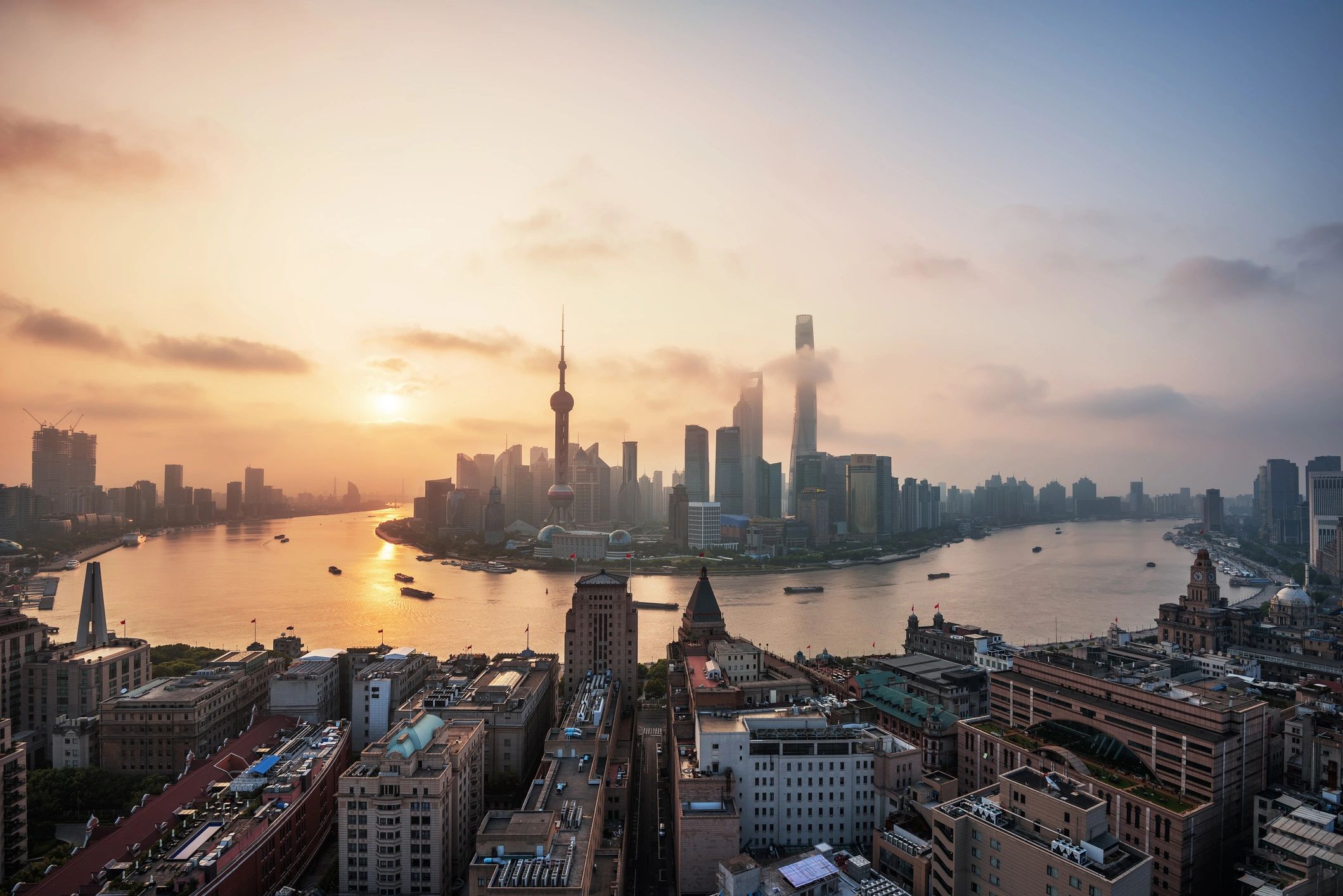 International financial district skyline at sunrise